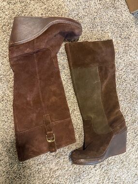 Sarah Jayne Brown Suede Wedge Knee-High Boots
